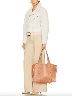 $2590 Chloe Beige Brown  Leather Tassel Medium Mony Whipstich Tote